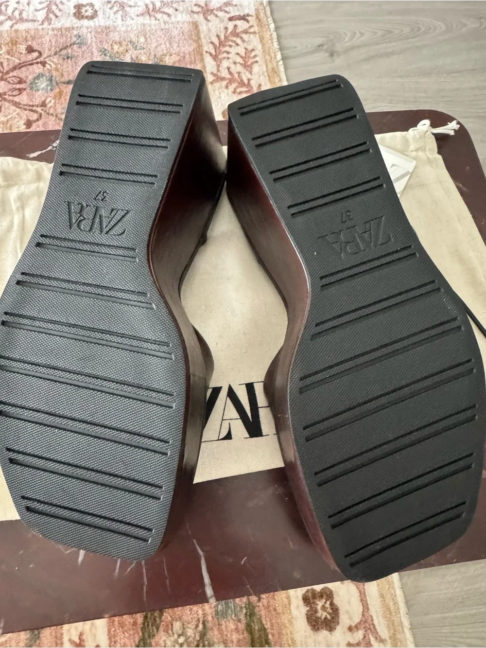 Zara Brown Leather Platform Slingback Sandals